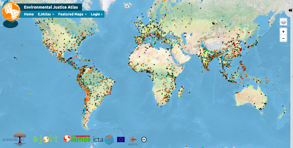 screenshot of the environmental justice atlas, and map of the world.