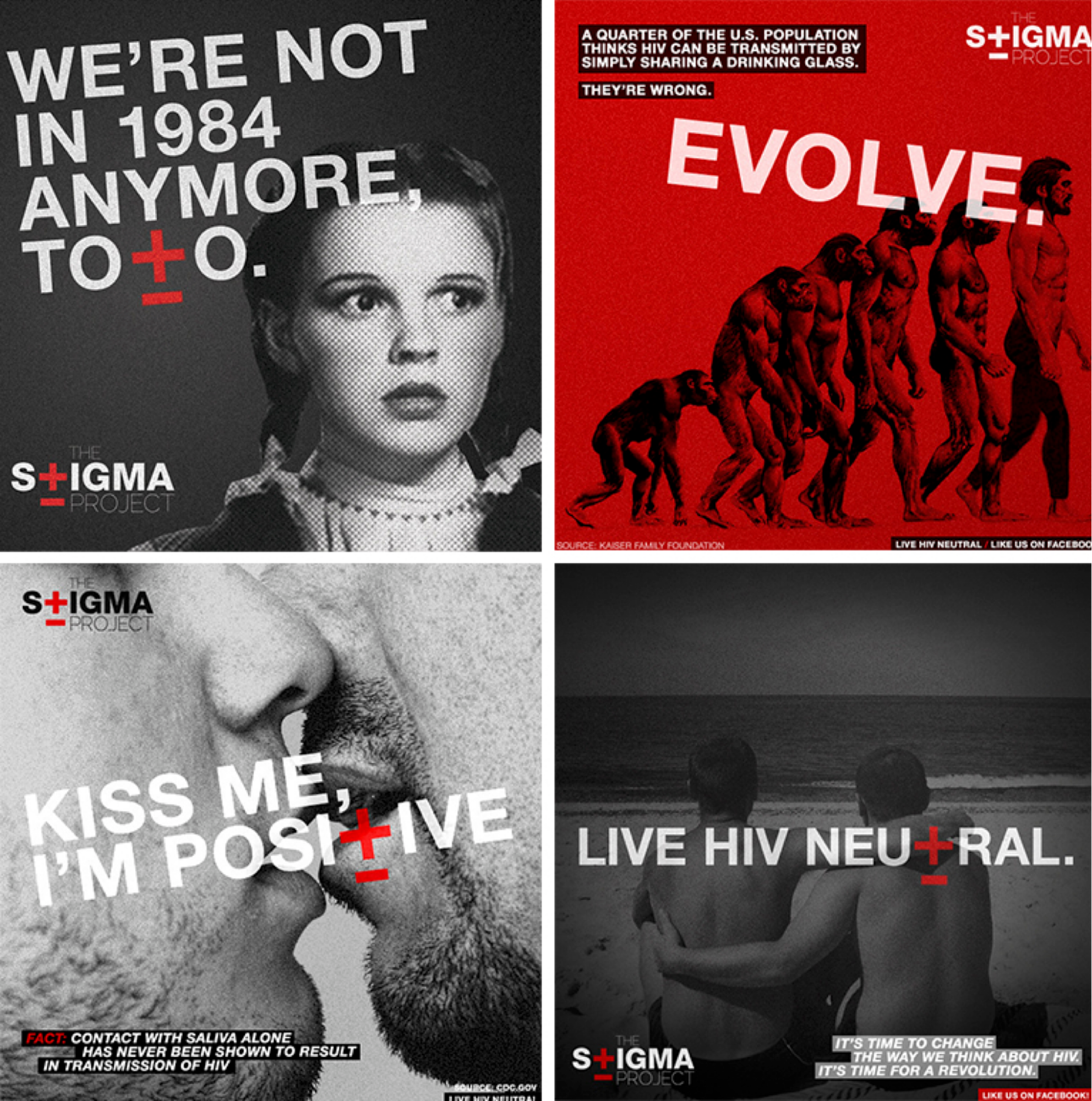 a collage of posters that depict images associated with messages aimed at reducing HIV stigma.