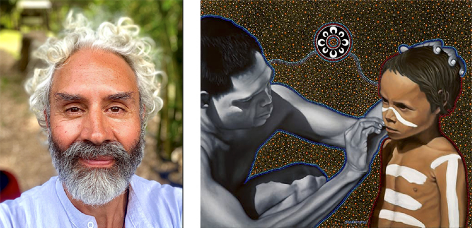 (left) a man with curly white hair and a grey and white beard (right) a drawing of a man with no shirt painting the face and body of a young boy with no shirt.