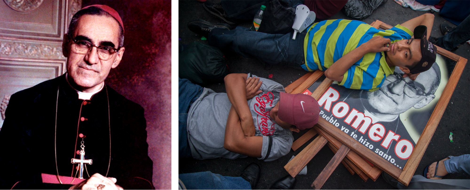left, a man in priest's garb and glasses stands in front of an elaborate door. right, two men lie down over posters that read "romero" with a black and white portrait.
