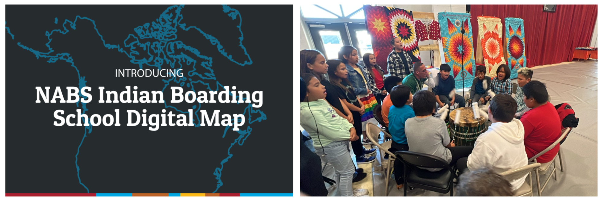 Screenshot from NABS Indian Boarding School Digital Map and a drumming circle of indigenous children.