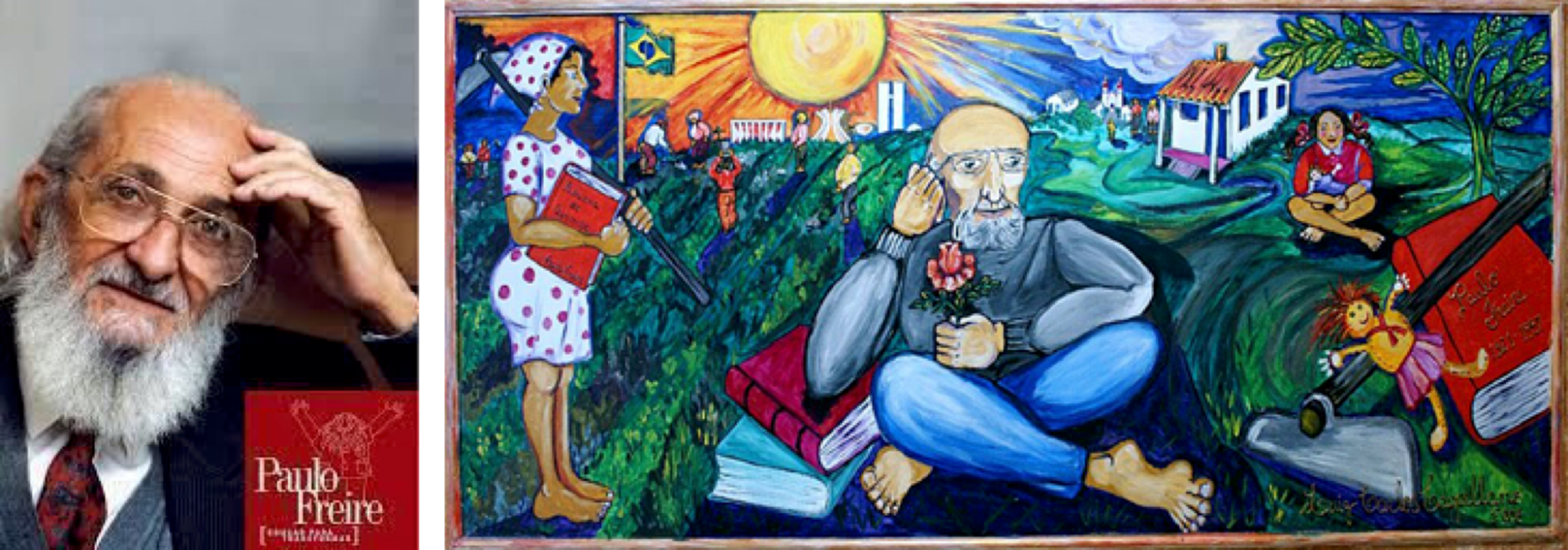 Paolo Freire, a middle aged man, sitting with a copy of his book. A colourful painting of Paolo Freire surrounded by books and students.