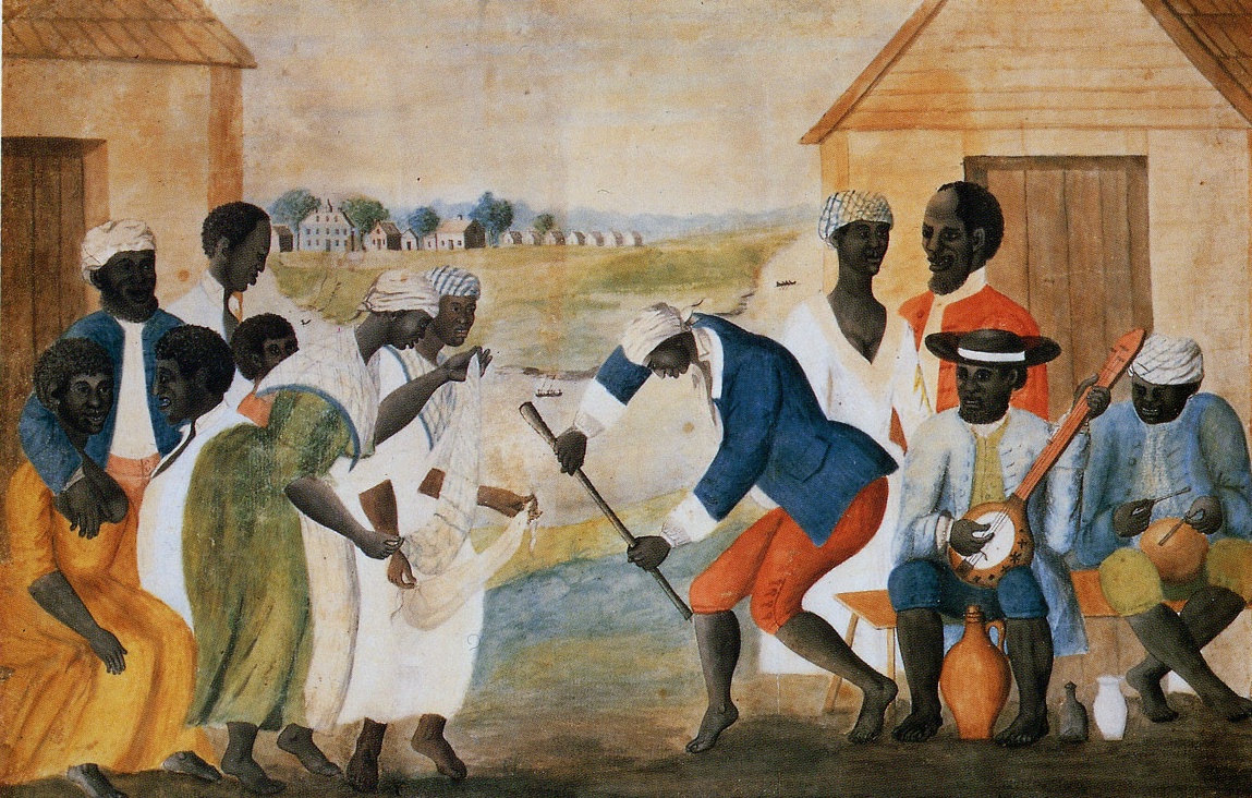 A painting that depicts a group of African American men and women with instruments and dancing, in front of small structures and a plantation landscape behind them.