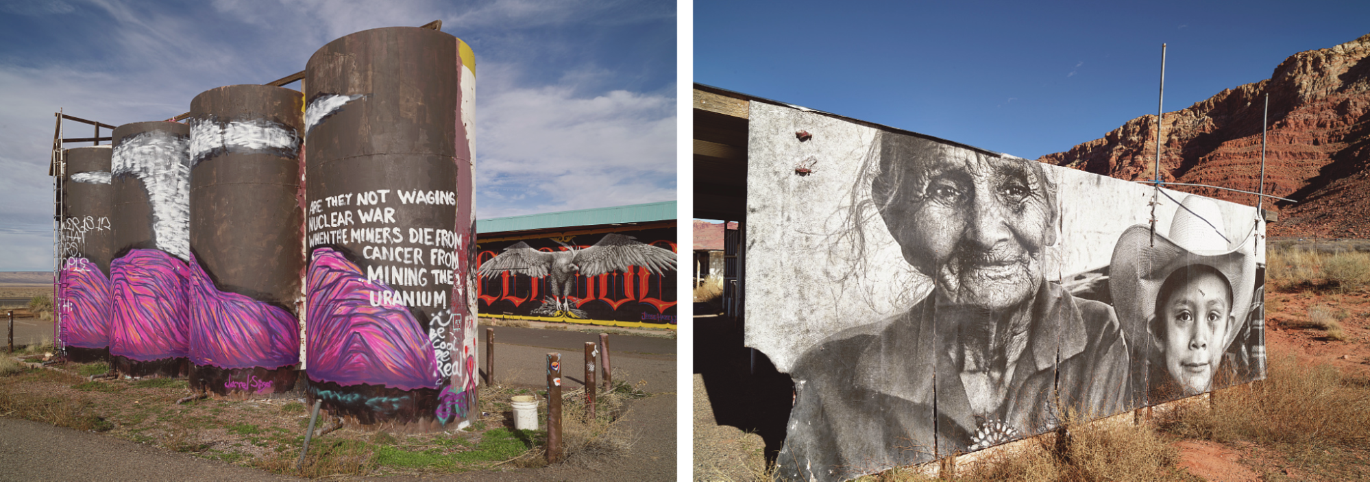 left, a water tank with a mural painted on it including an environmental resistance slogan. right, a mural that depicts an oder woman and a young boy in a cowboy hat.