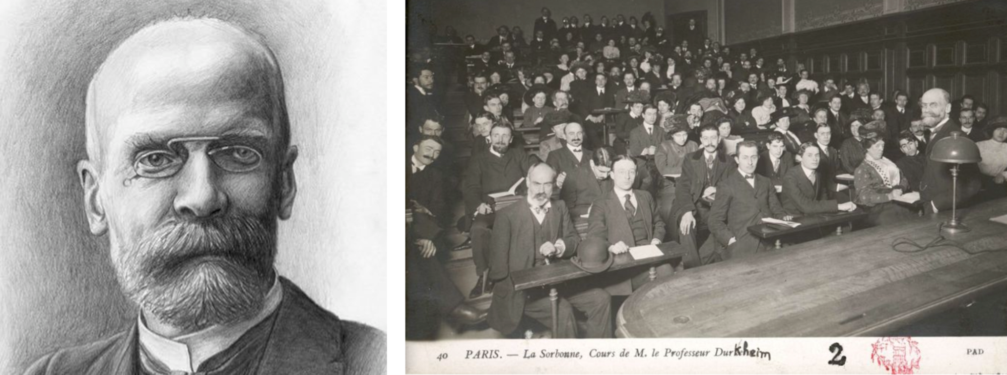 black and white drawing of Émile Durkheim, left, and black and white photo of Émile Durkheim teaching to a large group of men in a crowded room