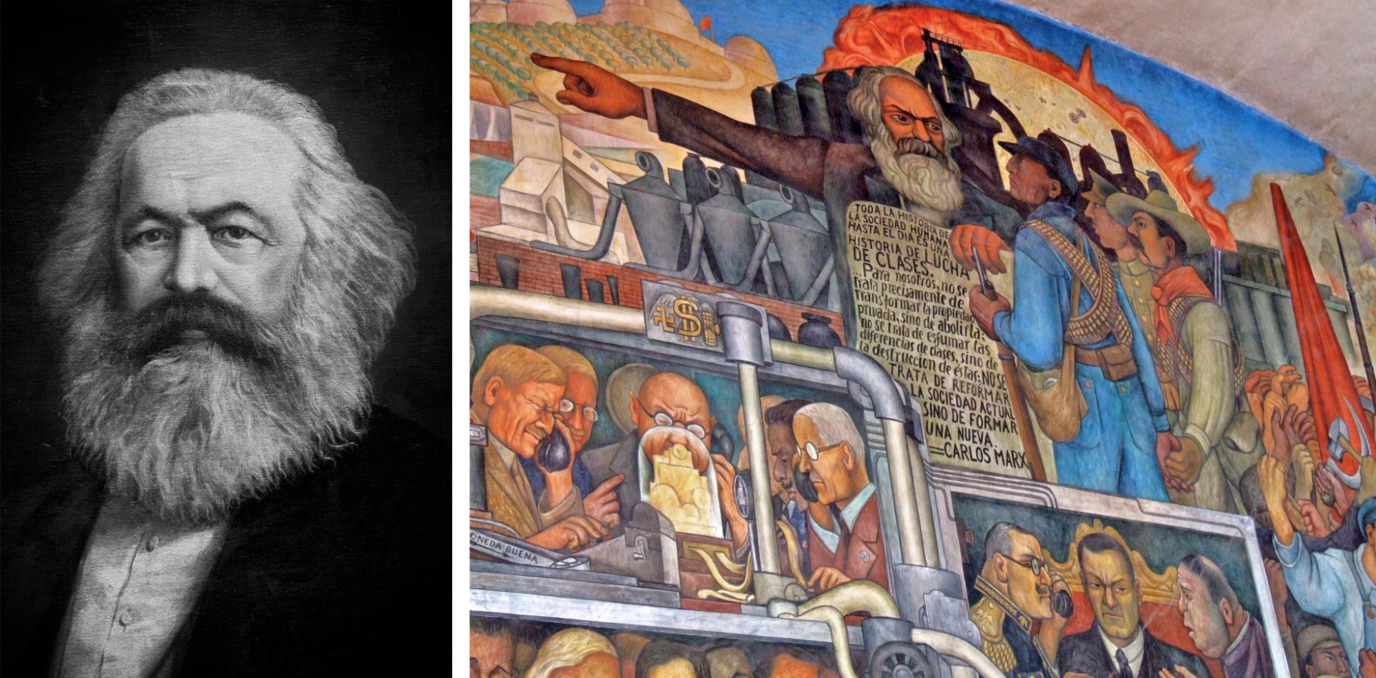 (left) black and white Portrait of Karl Marx (right) A colorful mural that includes many scenes, including Marx holding a manuscript, talking to workers with hats, pointing.