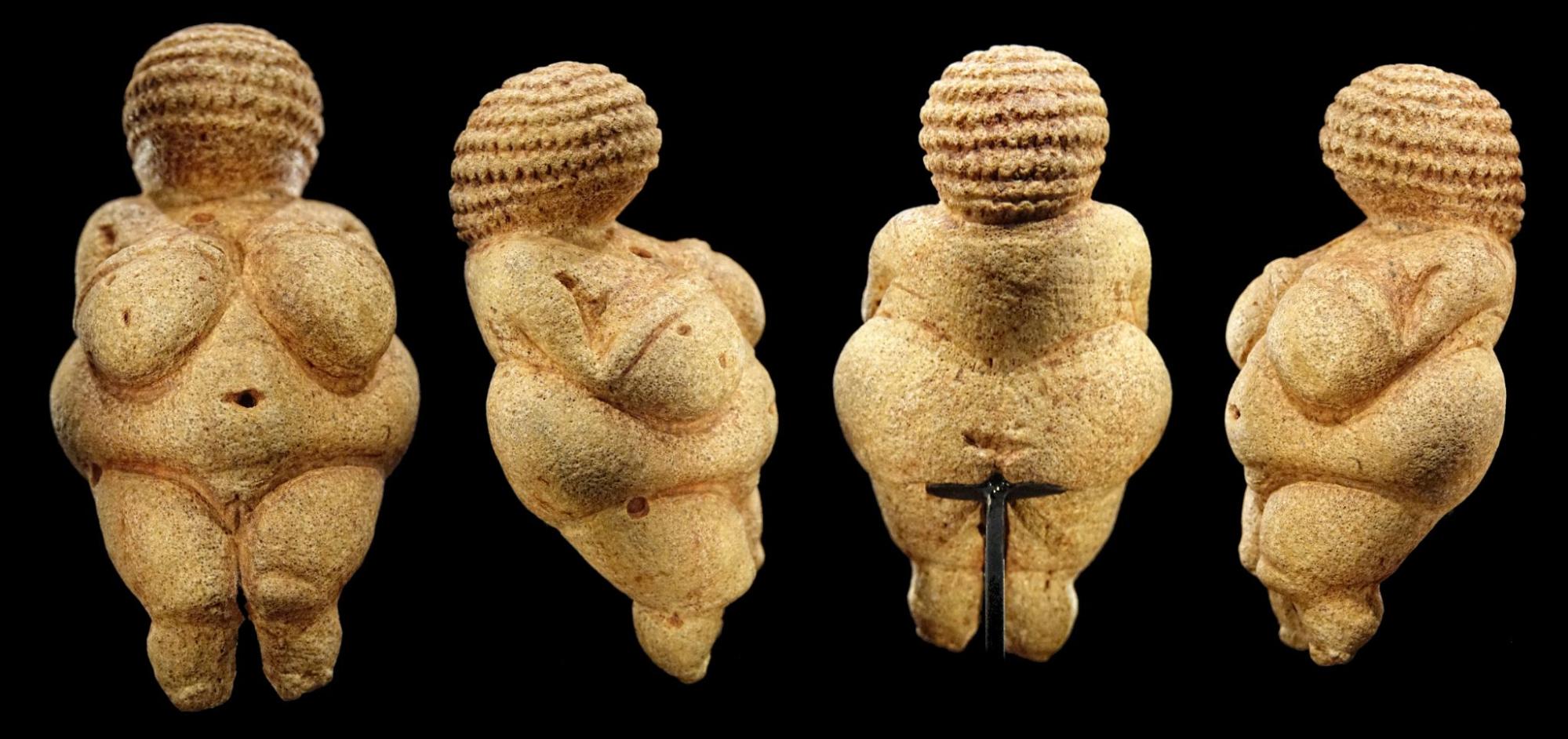 4 angles of the same carving of a larger-set woman
