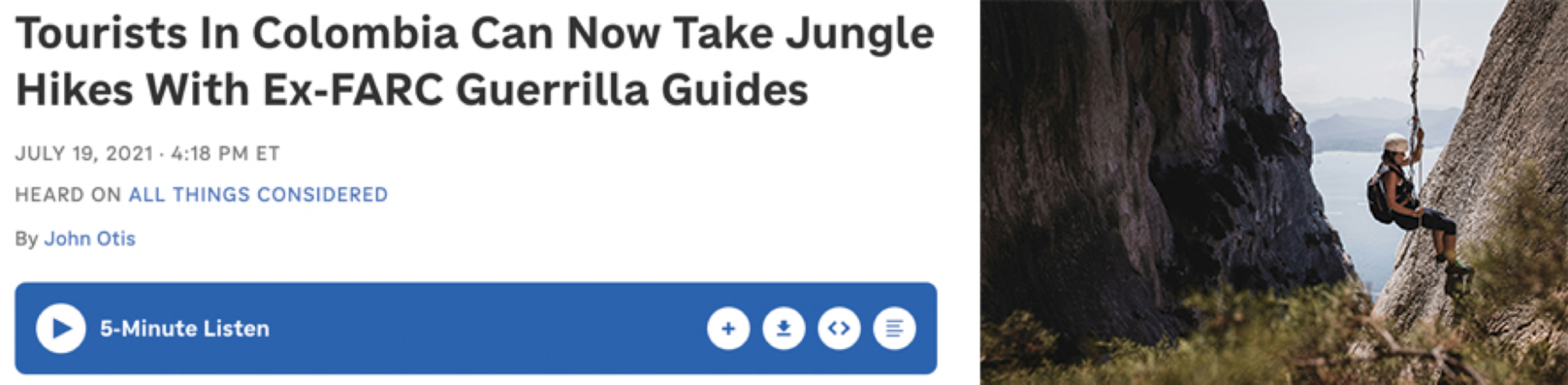 Left, image of a podcast title and icons to play podcast. Rght, image of a person in climbing harnesses descending a steep cliff, with water and mountains behind.