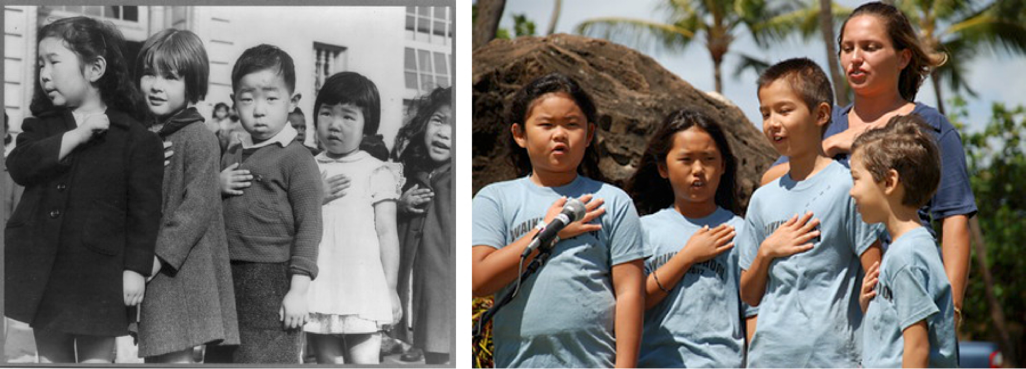 Side by side of children, most of Japanese ancestry, in the 1940s and current pledging allegiance to U.S. flag