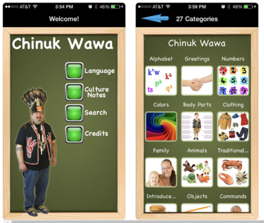 Screen shot of a language learning app for Chinuk Wawa.