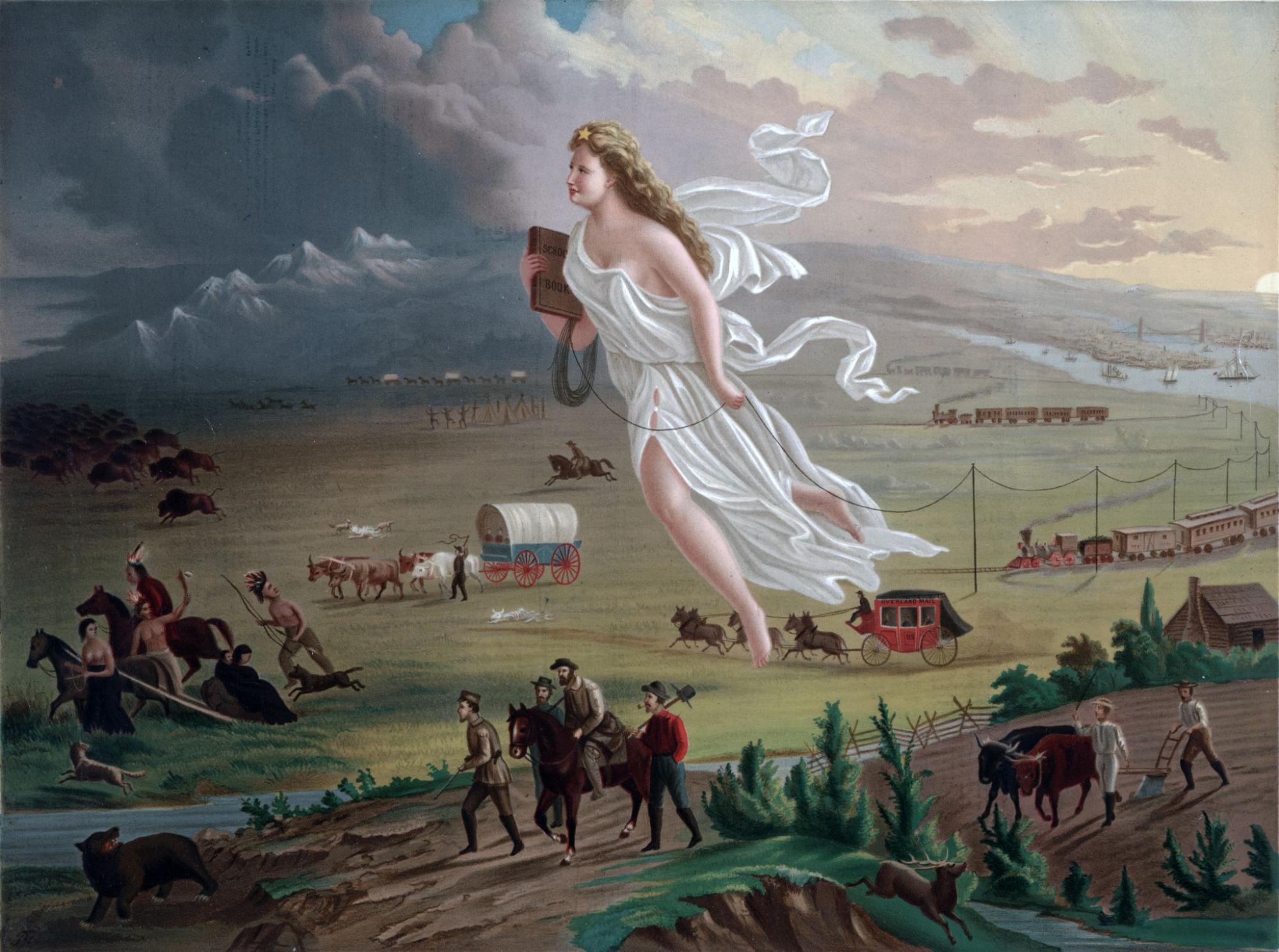 painting of a woman with light skin and a white dress floating above a landscape scene of ranchers, farmers and pioneers... all are headed in the same direction.