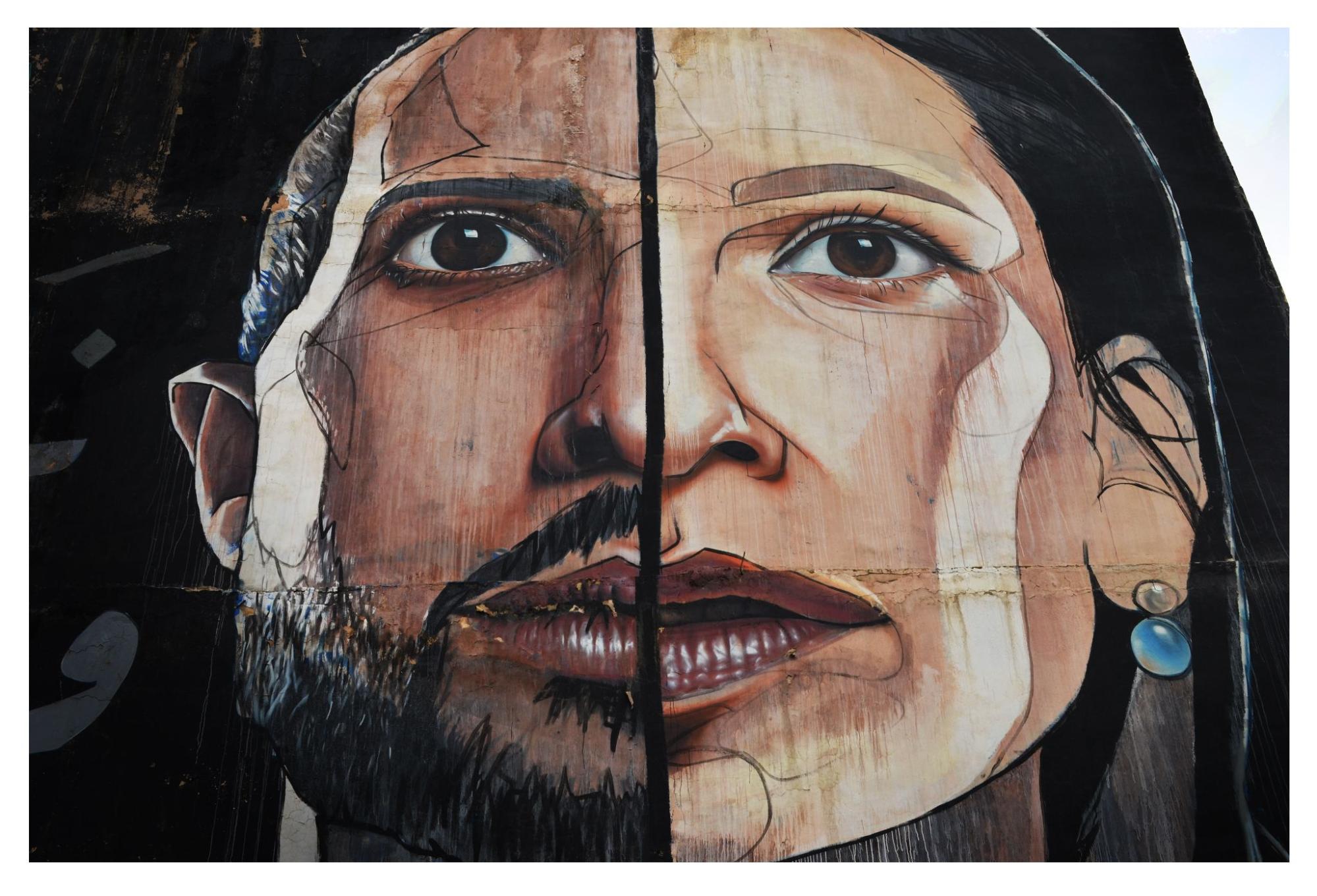 a painting of a person's face, the right side has a blue earring and more feminine features. The left side has a beard and more masculine featuers.