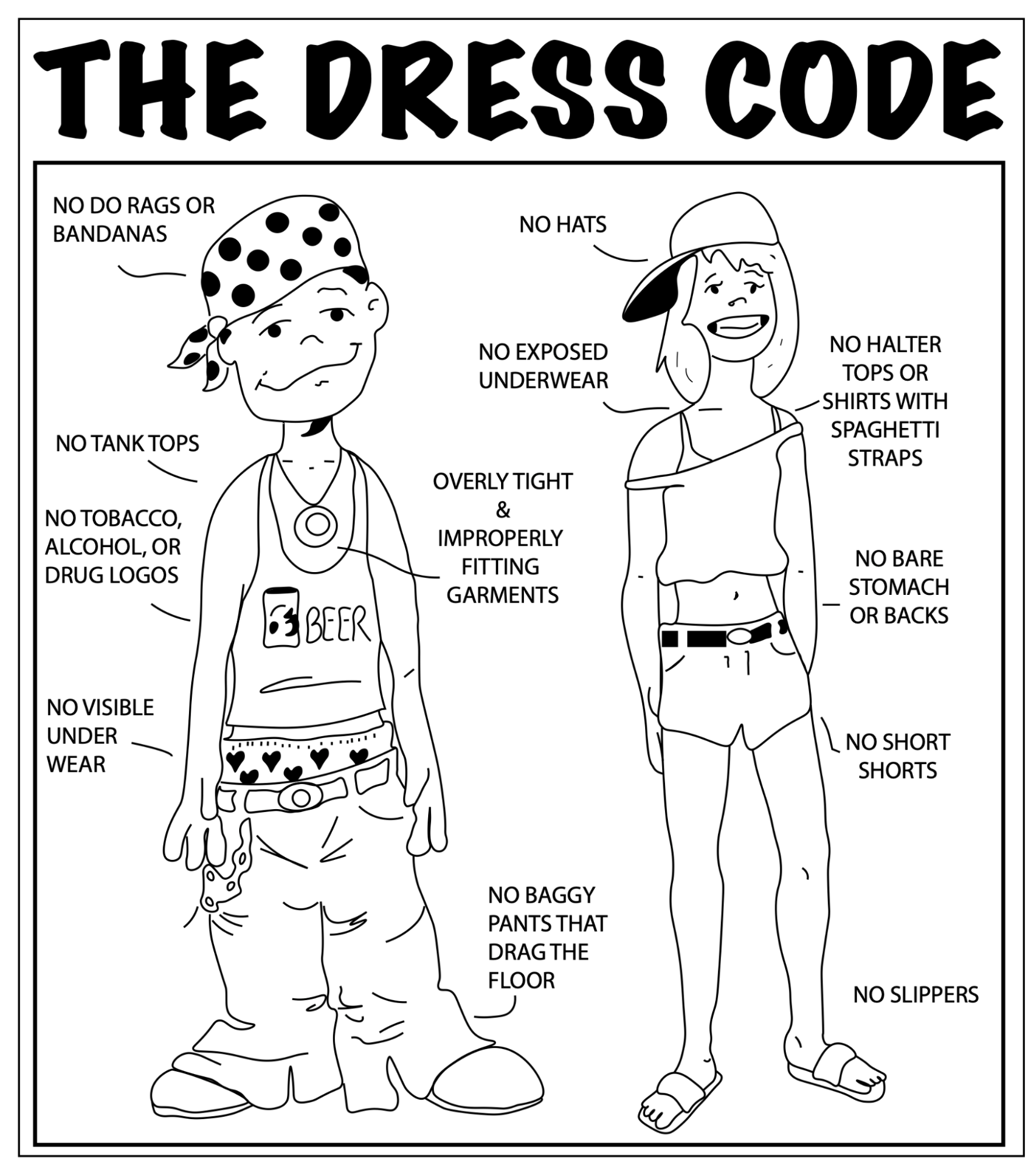 Black and white sketch of a male and female in clothing considered inappropriate by the school. Image description included below.