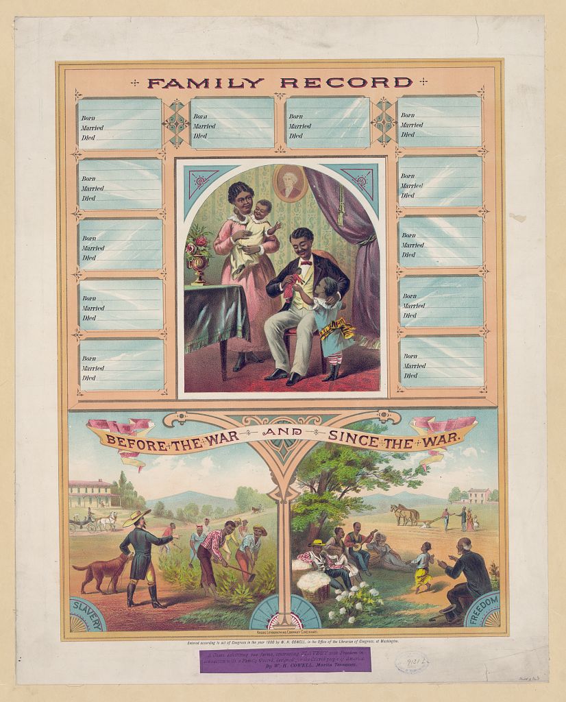 A colorful poster with a black skinned family at the center, well-dressed in clothing from the 1800s. to each side of them is space to fill in information. below them are two scenes: one of a farm with men working in the field. the other a family playing music and dancing.