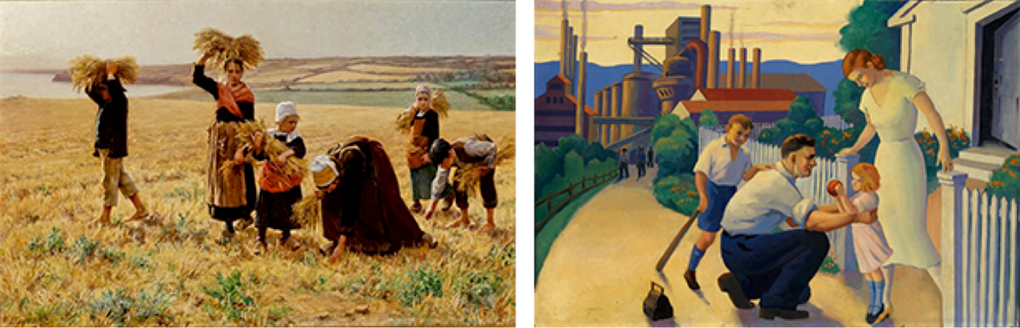 Two paintings of families. Left family working in a hayfield. Right modern family with large factory in the background.