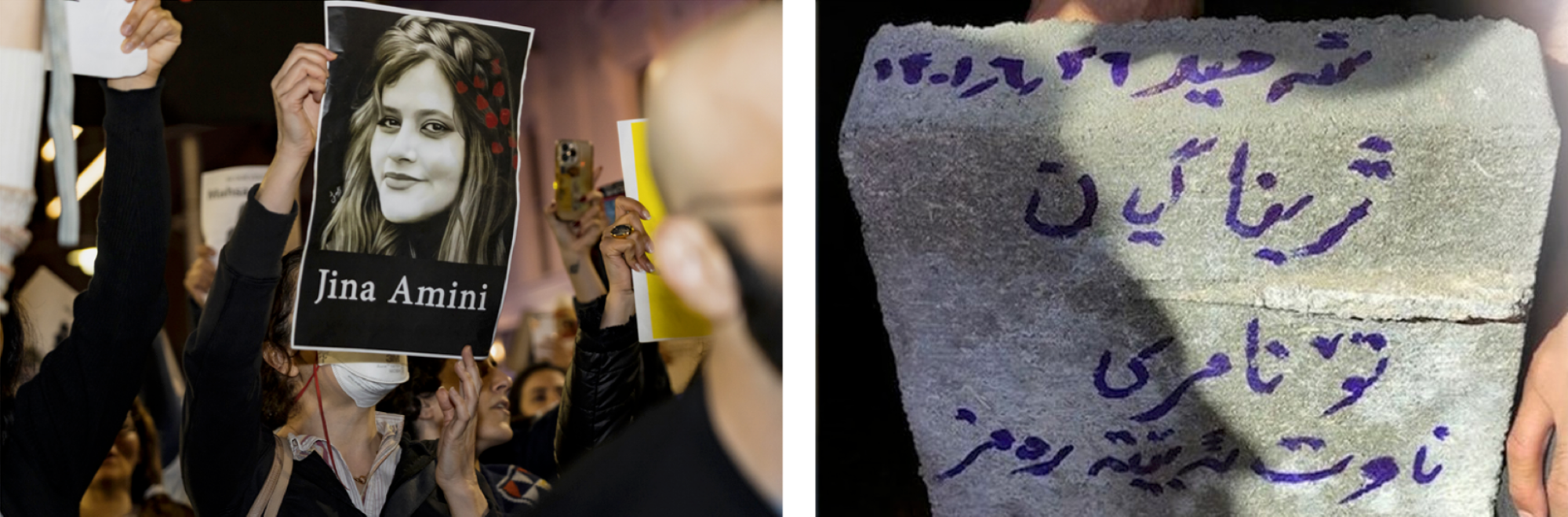 a crowded group people, many holding up items... one holding up a photo of young woman. left, a basic tombstone with arabic script