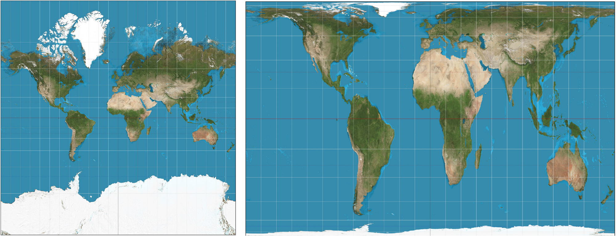 Two world maps with different perspectives. The first shows landmasses near the equator smaller relative to northern landmasses. The second is a more accurate perspective.