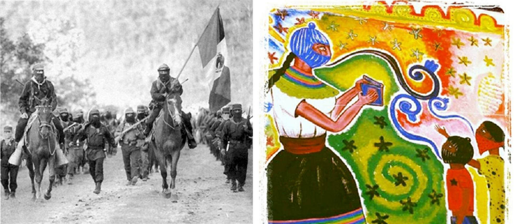 Left - black and white photo of masked people marching led by two people on horses. Right a colorful painting of person in dress with face mask handing a book to children with face masks.