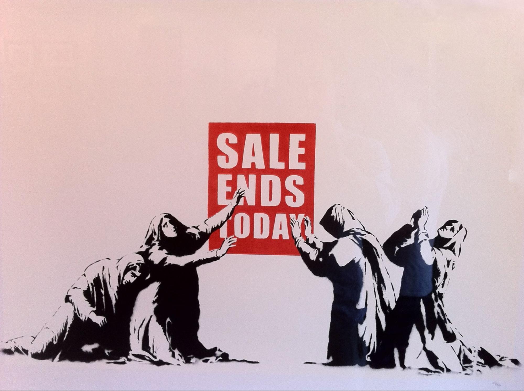 image of street art that depicts cloaked women on their knees praying to a sign that reads, Sale ends today.