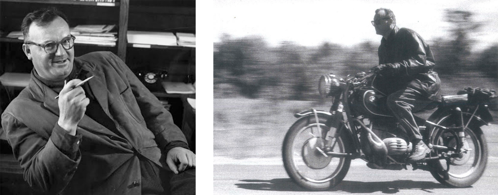 Two black and white photos of a man. Left at a desk and Right on a motorcycle.