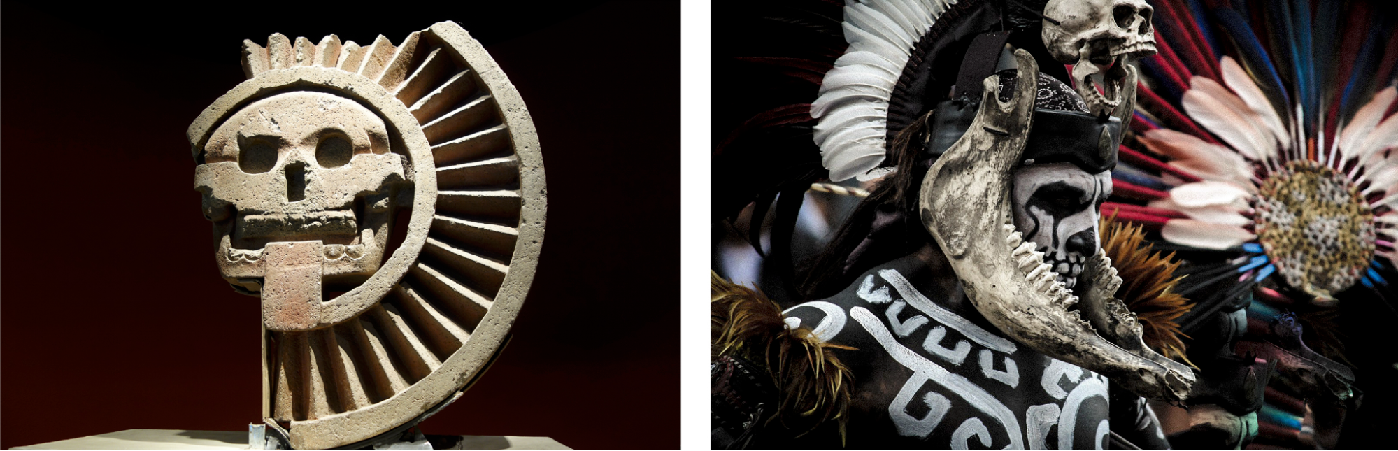 left, a sculpture of a skull with sun rays around it. right, a person dressed in a headdress with what looks like the jawbone of a deer, a skeleton and feathers. their face is painted in black and white.