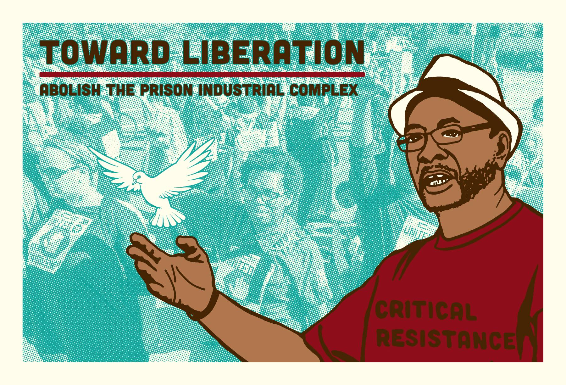 a poster with a photo image of a protest group, and graphic-arts image of dark skinned man releasing a dove.