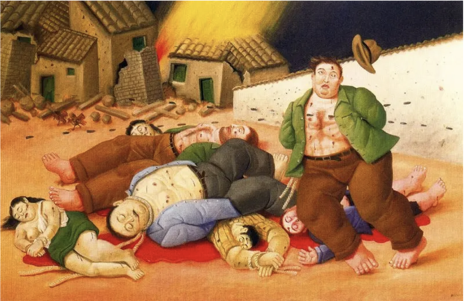a painting of seven people in exaggerated round shapes, who have all been shot. Homes with Spanish tiles are behind them, some in rubble, one in flames