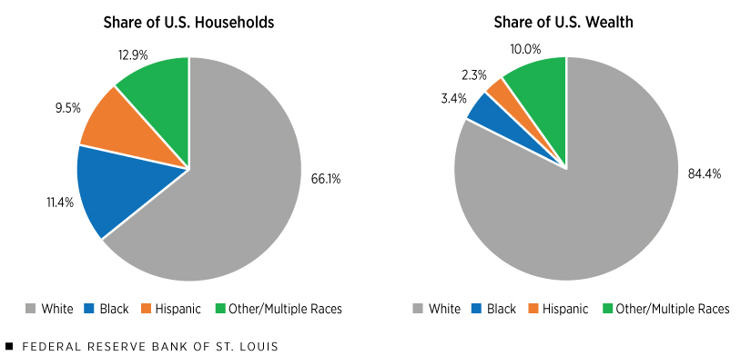 two side by side pie graphs that illustrate share of U.S. Households by race and share of U.S. wealth.