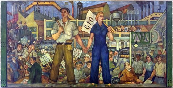 a mural depicting an industry and union scene of the 1930s.