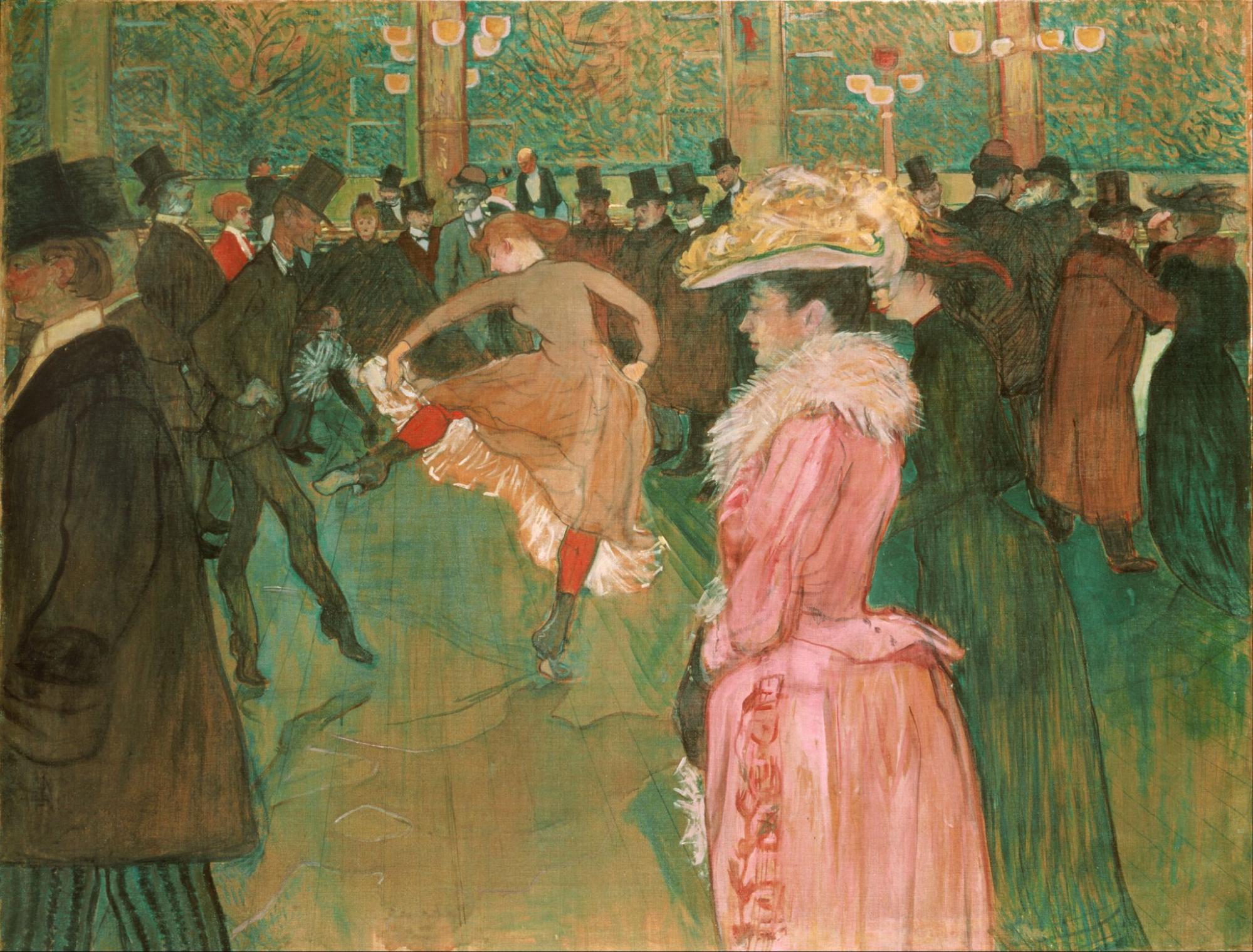 A painting of a group of adults milling about together, with a Black man dancing with a White woman kicking her heel up mid-dance.