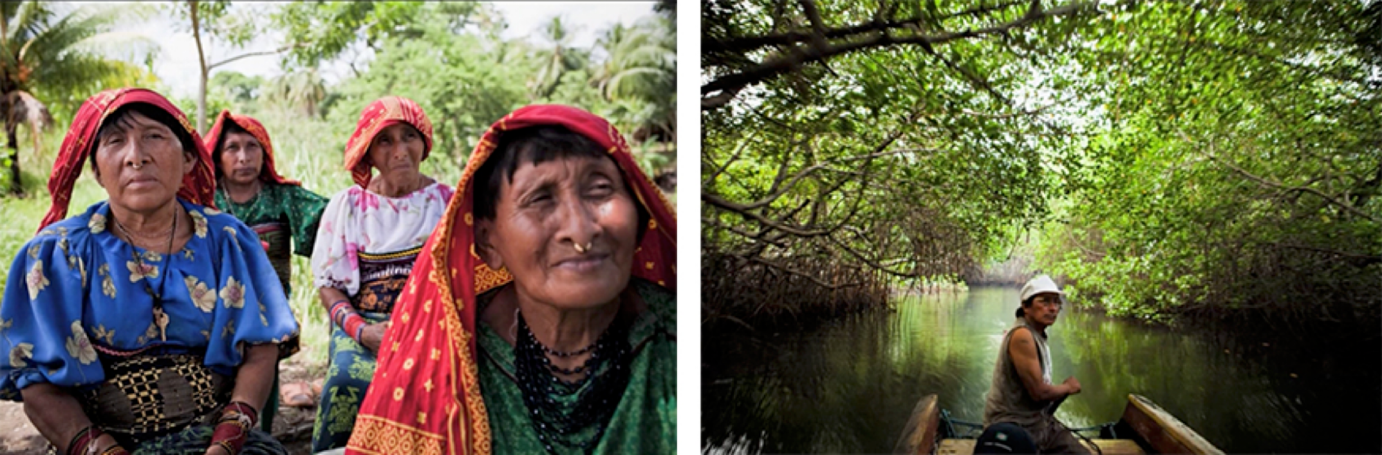 left, four women wearing colorful clothing. sitting outside in a lush area. right, a man paddles a boat through a tree-covered river