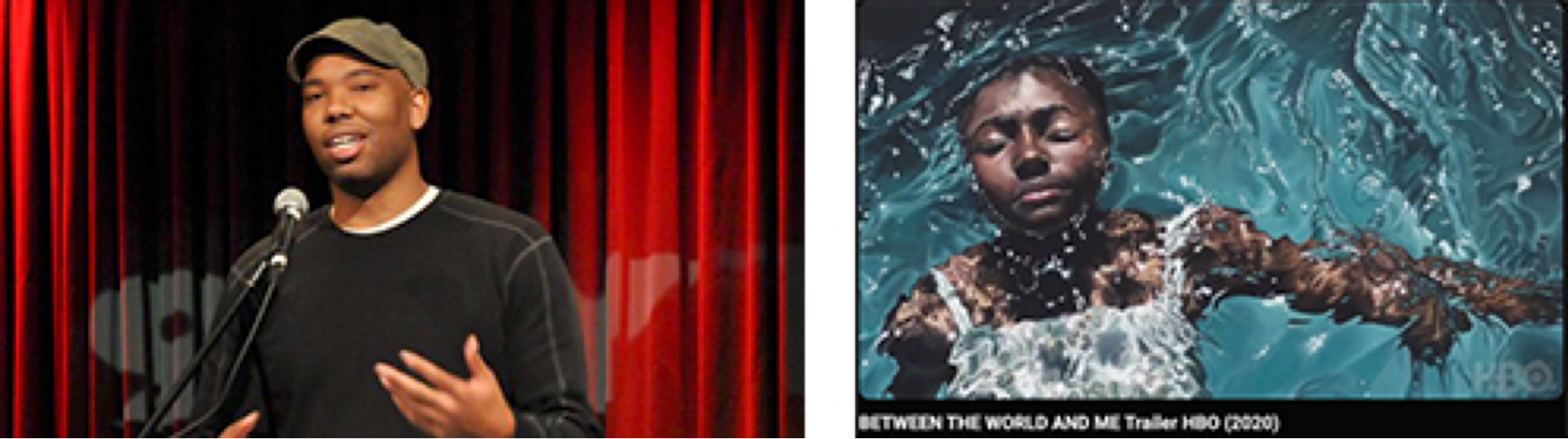 Left, a dark skinned man in a green cap stands in front of a microphone and in front of a red curtain, speaking. Right, a photograph of a young black skinned person floating in water with their eyes closed, and a serene expression.