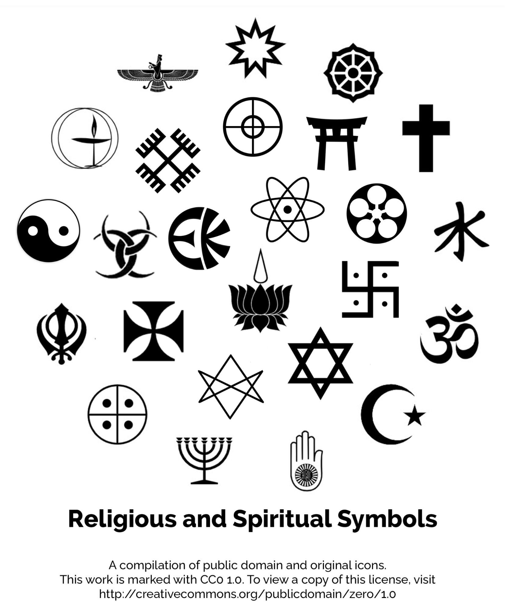 Symbols of world religions and spirituality in black and white, arranged in a circular pattern. Image description provided below.