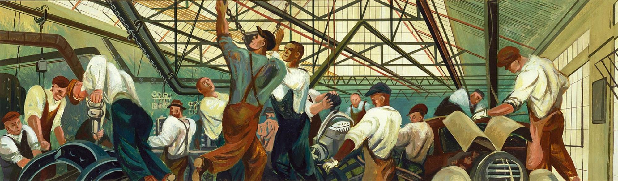 a mural depicting men in 1940s-era working in a factory.