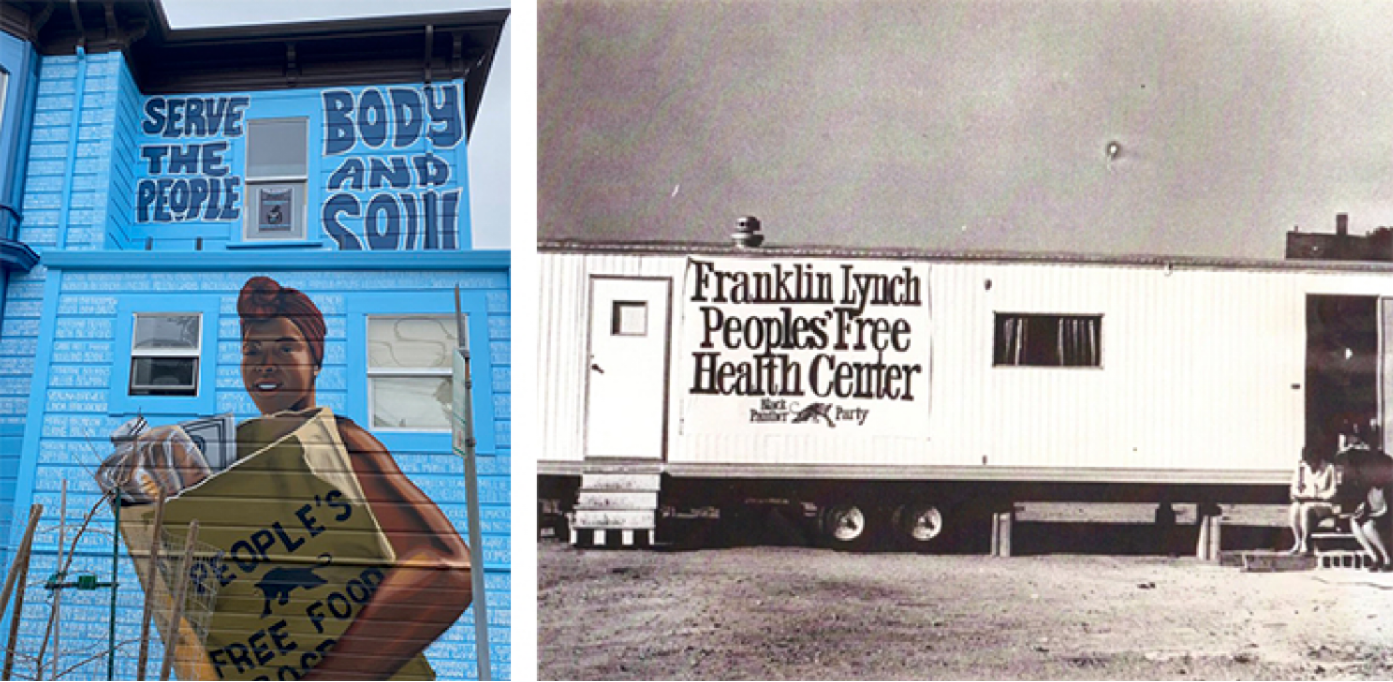 Left mural of dark skinned person hold bag of food. Right black and white photo of large trailer with Health Center sign.