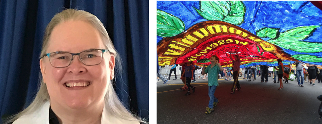 Left, portrait of contributing author Kimberly Puttman. Right, image of the Faith Contingent at the People's Climate March.
