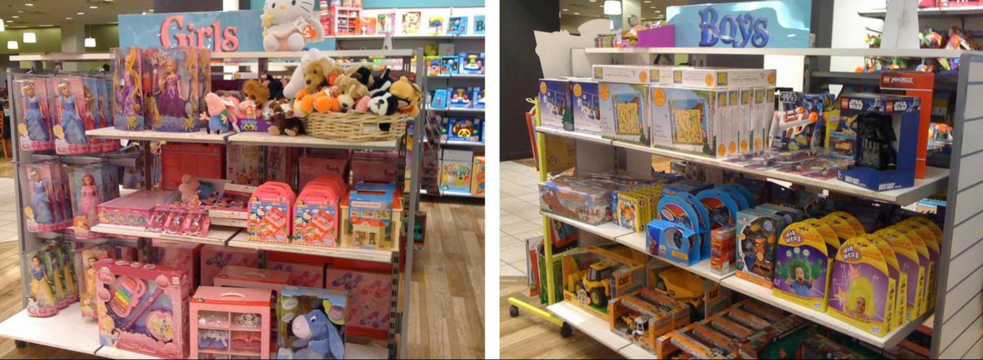 Left, store display of girls' toys, including Disney Princess Barbies and stuffed animals. Right, store display of boys' toys, including Star Wars action figures and construction vehicle models.