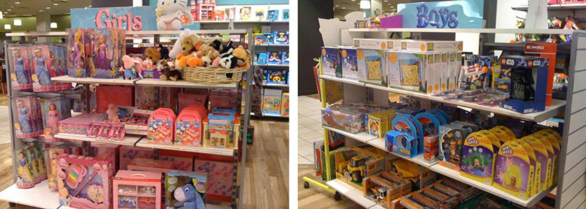 Left, store display of girls' toys, including Disney Princess Barbies and stuffed animals. Right, store display of boys' toys, including Star Wars action figures and construction vehicle models.