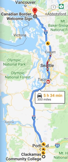 Google Map showing a 300-mile route from Oregon City to the Canadian border
