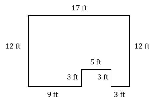 left side 12 feet, top side 17 feet, right side 12 feet, bottom side 9 feet from left to right, then 3 feet up, then 5 feet right, then 3 feet down, then 3 feet right
