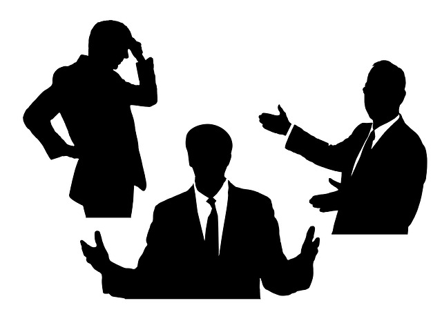 People silhouetted in different poses: thinking, explaining, questioning. 