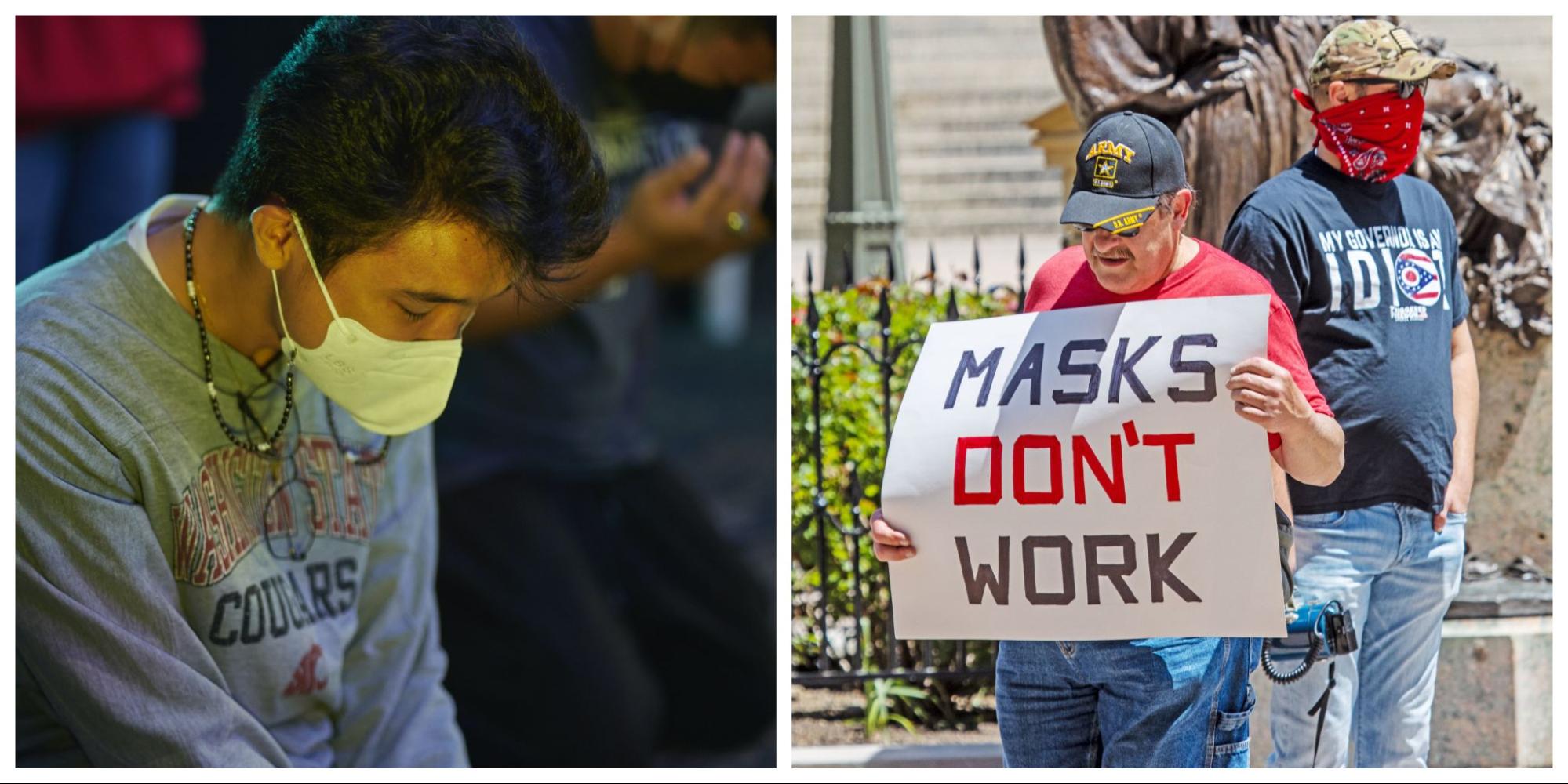 Image on the left includes a man who appears to be non-white wearing a face mask. Image on the right includes an older white man - without a face covering - holding a sign that reads, "Masks don't work."