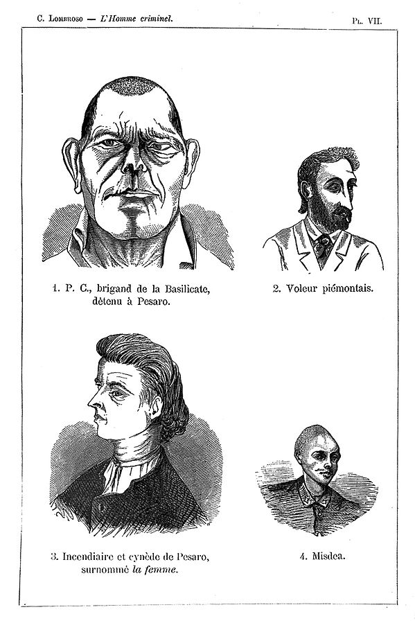 A photocopy of a page from Lombroso's book that shows four illustrations of people with different physical characteristics such as a pointy nose or large chin.