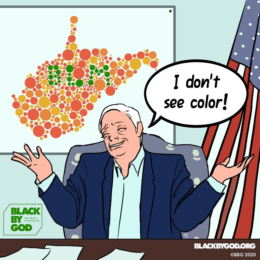 A political cartoon from Black by God that features a white politician sitting at his desk in front of the American flag saying "I don't see color"