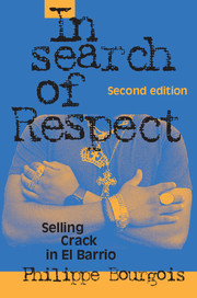 Image of the book cover for In Search of Respect: Selling Crack in El Barrio. The blue cover shows a "drug lord" in the background