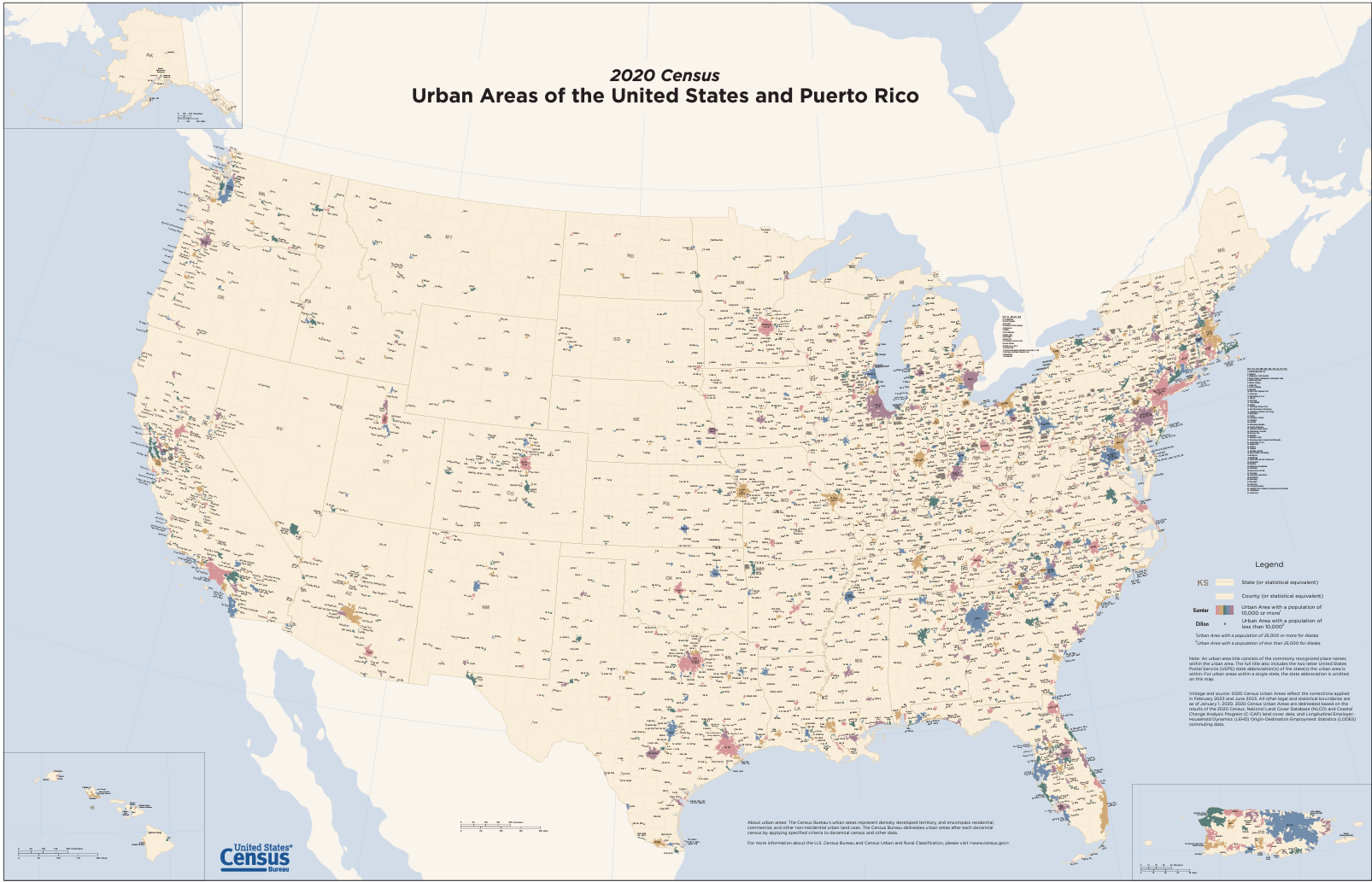 A map of the United States that illustrates, via color, urban areas based on 2020 Census Bureau data