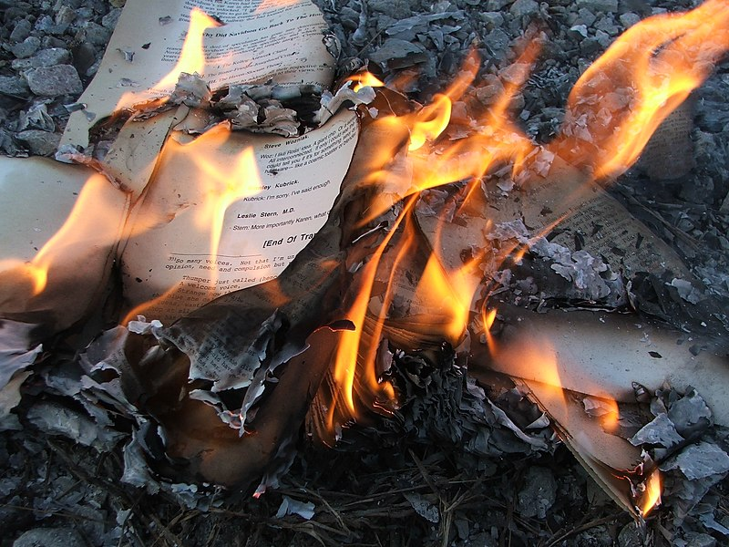 A close up image of book pages on fire