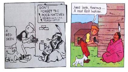 Photocopy from a page in the book TinTin that shows a cartoon white man walking up to an Indigenous person who is depicted in a stereotypical fashion.