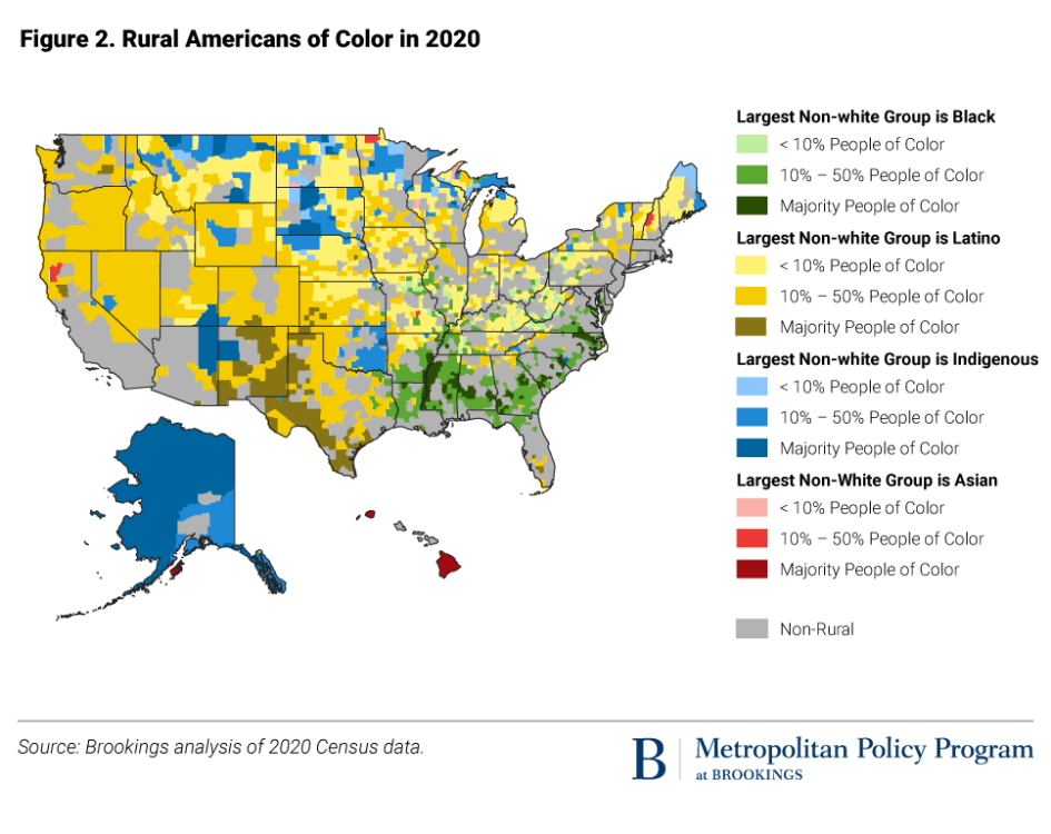A map of the United States illustrating, via color, where Black, Latino, Indigenous, and Asian individuals live throughout rural America