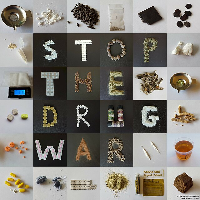 A collage of 36 drugs out of 157 that were used by author DM Trott who wrote the book, The Drug Users Bible. Each little square has the substance shown and the substances in the middle are situated to spell "Stop the Drug War"